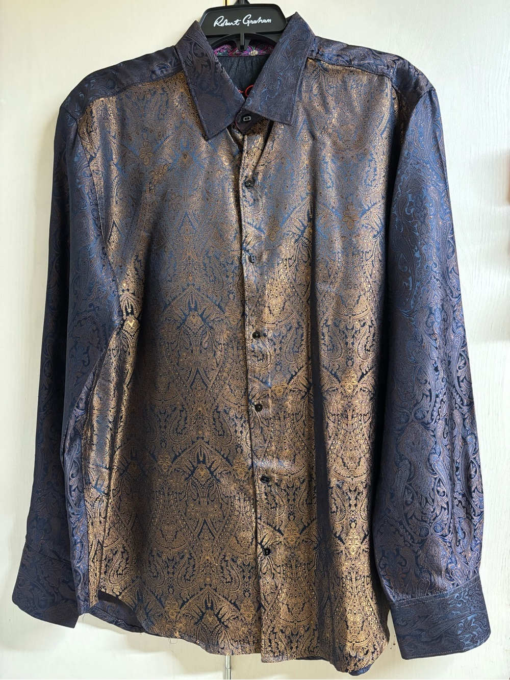 Robert Graham Navy and Gold Paisley Jacquard Dress Shirt
